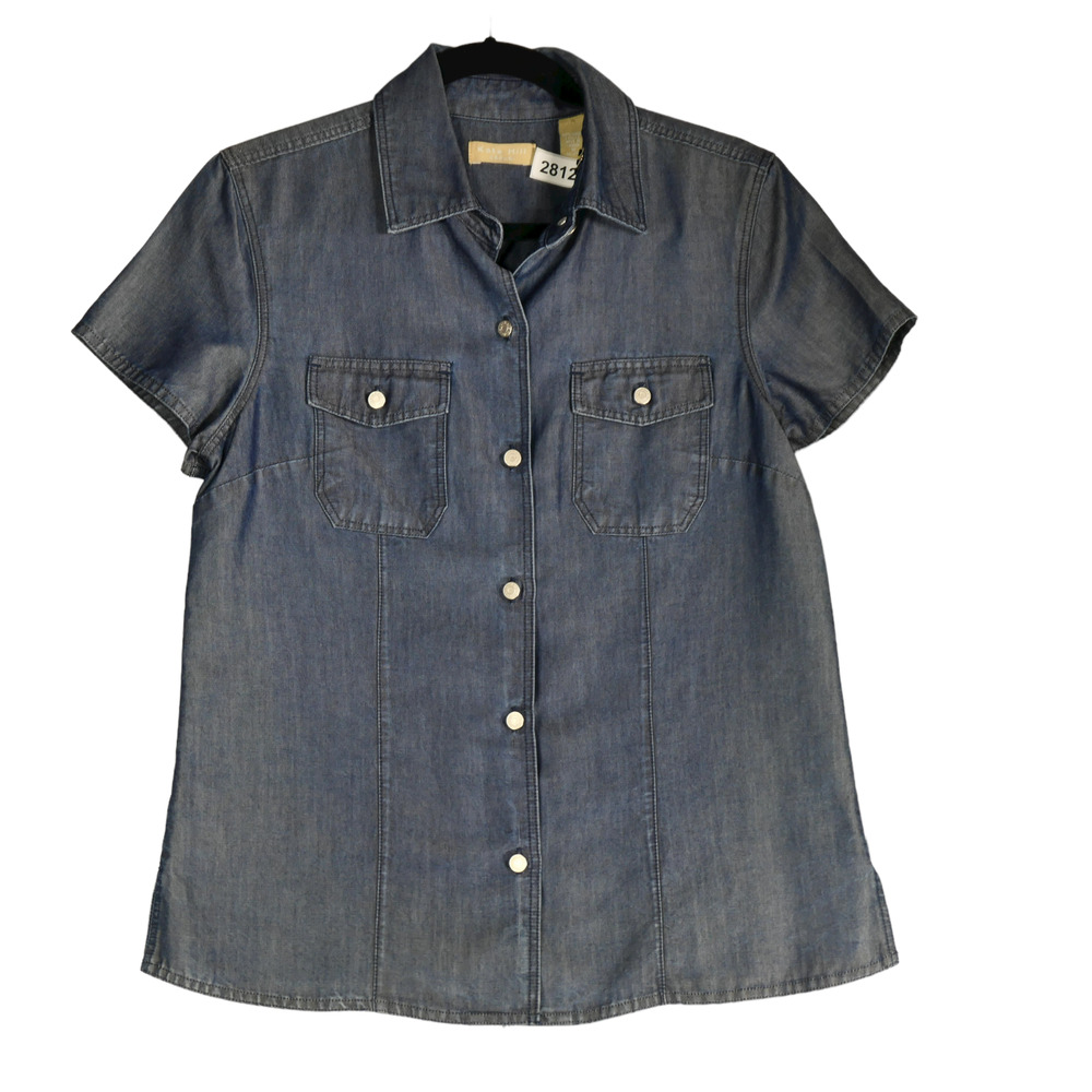 Kate Hill Blouse Women Medium Blue Chambray Tencel Denim Tunic Shirt Soft Casual